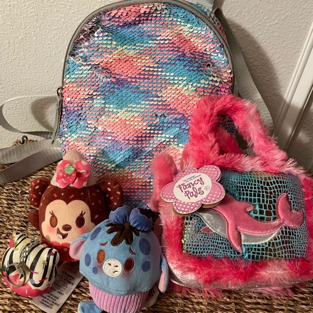 Aurora Fancy Pals Pocket Purse Pink Dolphin Sequin Backpack Disney Munchkins x 2